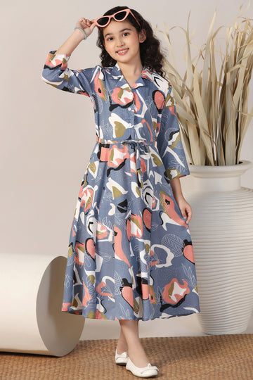 Girls Grey Cotton Blend Abstract Printed Calf Length Dress