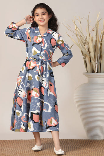 Girls Grey Cotton Blend Abstract Printed Calf Length Dress