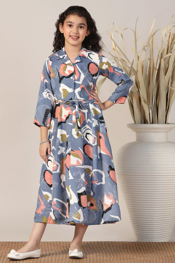 Girls Grey Cotton Blend Abstract Printed Calf Length Dress