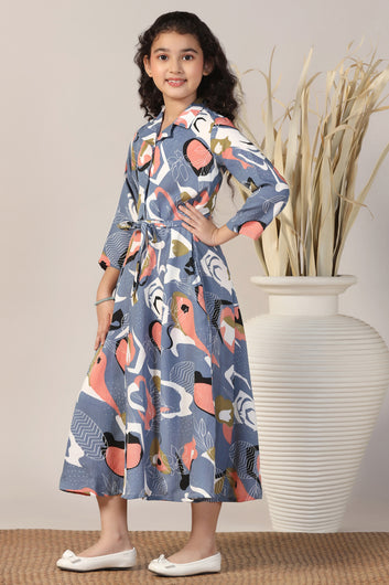 Girls Grey Cotton Blend Abstract Printed Calf Length Dress