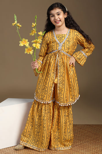 Girls Yellow Cotton Blend Printed Peplum Style Kurta With Sharara Set