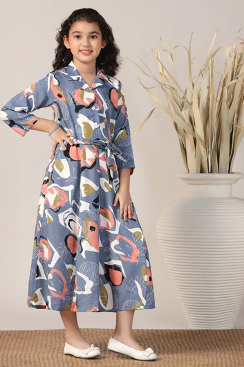 Girls Grey Cotton Blend Abstract Printed Calf Length Dress