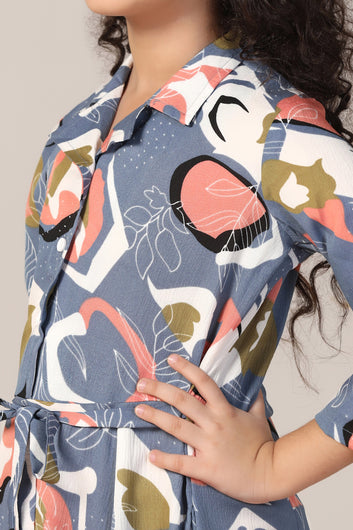 Girls Grey Cotton Blend Abstract Printed Calf Length Dress