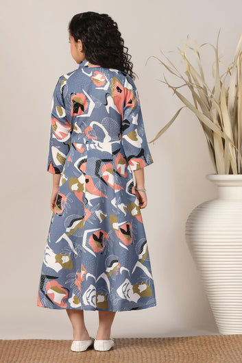 Girls Grey Cotton Blend Abstract Printed Calf Length Dress