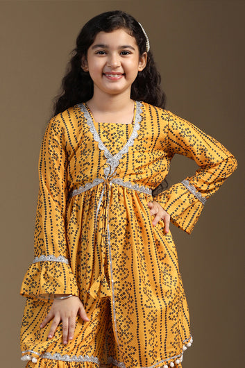 Girls Yellow Cotton Blend Printed Peplum Style Kurta With Sharara Set