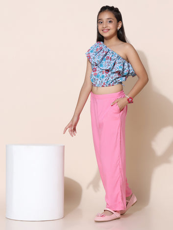Girls Floral Printed One Shoulder Top With Pant Set