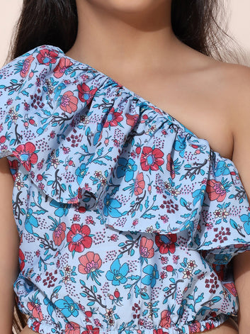 Girls Floral Printed One Shoulder Top With Pant Set