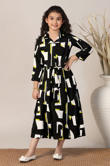 Girls Black Cotton Blend Abstract Printed Calf Length Dress