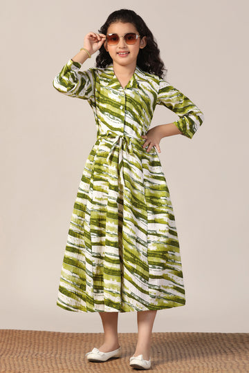 Girls Green Cotton Blend Abstract Printed Calf Length Dress