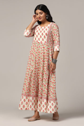 Womens Cream Cotton Floral Printed Anarkali Maxi Length Kurta