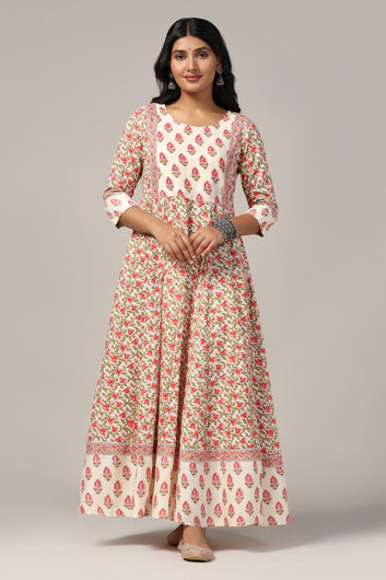 Womens Cream Cotton Floral Printed Anarkali Maxi Length Kurta