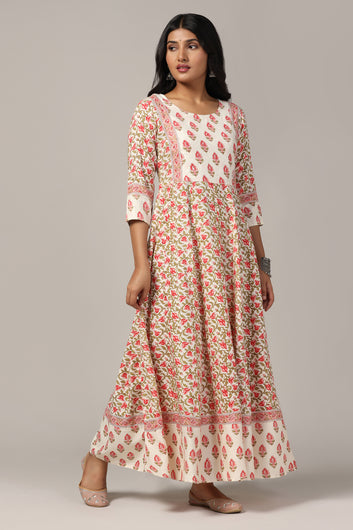 Womens Cream Cotton Floral Printed Anarkali Maxi Length Kurta