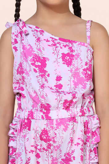 Girls Pink Floral Printed Oneside Tie-Up Shoulder Romper