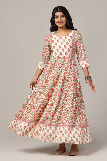 Womens Cream Cotton Floral Printed Anarkali Maxi Length Kurta