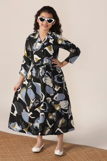Girls Black Cotton Blend Abstract Printed Calf Length Dress