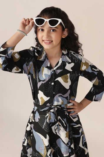 Girls Black Cotton Blend Abstract Printed Calf Length Dress
