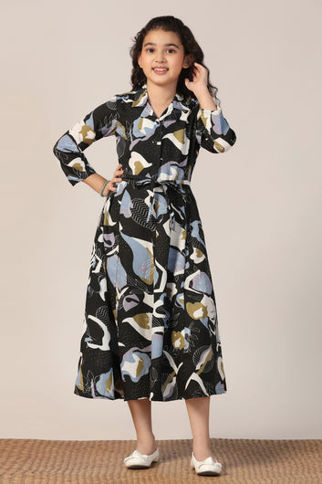 Girls Black Cotton Blend Abstract Printed Calf Length Dress