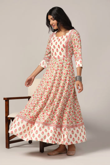 Womens Cream Cotton Floral Printed Anarkali Maxi Length Kurta