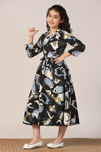 Girls Black Cotton Blend Abstract Printed Calf Length Dress