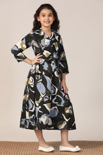 Girls Black Cotton Blend Abstract Printed Calf Length Dress