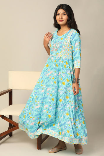 Womens Sea Green Cotton Floral Printed Anarkali Maxi Length Kurta