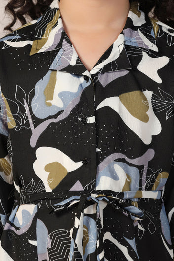 Girls Black Cotton Blend Abstract Printed Calf Length Dress