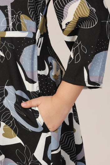 Girls Black Cotton Blend Abstract Printed Calf Length Dress