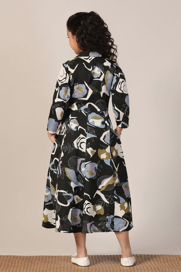 Girls Black Cotton Blend Abstract Printed Calf Length Dress