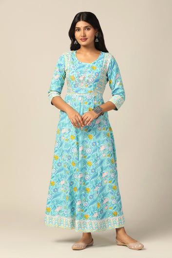 Womens Sea Green Cotton Floral Printed Anarkali Maxi Length Kurta