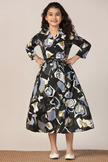 Girls Black Cotton Blend Abstract Printed Calf Length Dress