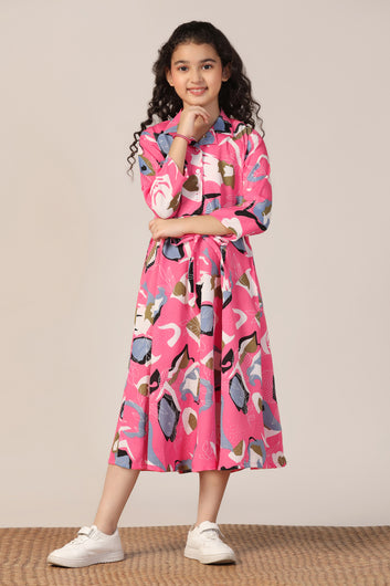 Girls Pink Cotton Blend Abstract Printed Calf Length Dress
