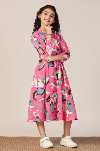 Girls Pink Cotton Blend Abstract Printed Calf Length Dress