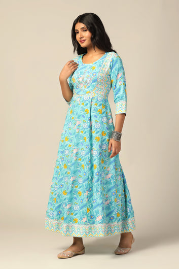 Womens Sea Green Cotton Floral Printed Anarkali Maxi Length Kurta