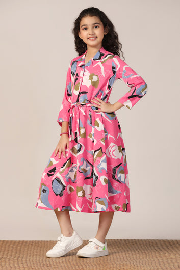 Girls Pink Cotton Blend Abstract Printed Calf Length Dress
