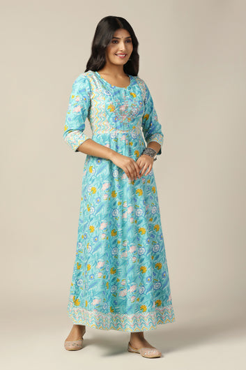 Womens Sea Green Cotton Floral Printed Anarkali Maxi Length Kurta