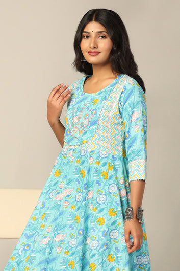 Womens Sea Green Cotton Floral Printed Anarkali Maxi Length Kurta