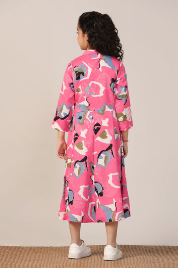 Girls Pink Cotton Blend Abstract Printed Calf Length Dress