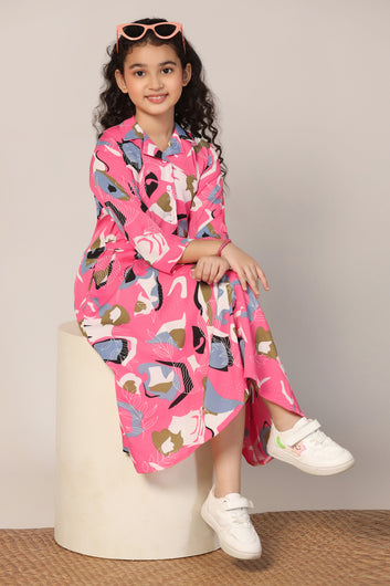Girls Pink Cotton Blend Abstract Printed Calf Length Dress