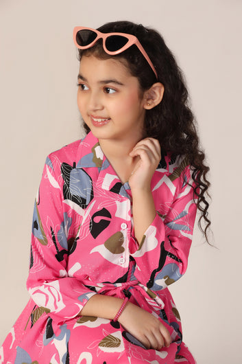 Girls Pink Cotton Blend Abstract Printed Calf Length Dress