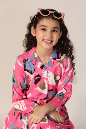 Girls Pink Cotton Blend Abstract Printed Calf Length Dress