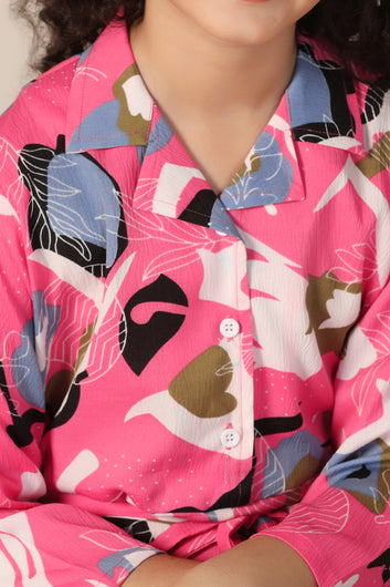 Girls Pink Cotton Blend Abstract Printed Calf Length Dress