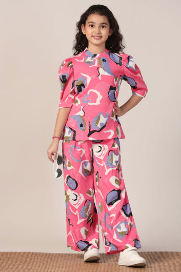 Girl's Pink Reyon abstract Printed Clothing Set for Girls