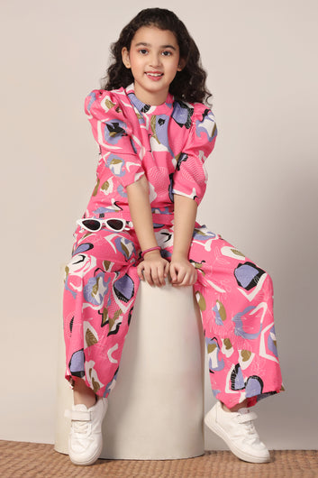 Girl's Pink Reyon abstract Printed Clothing Set for Girls