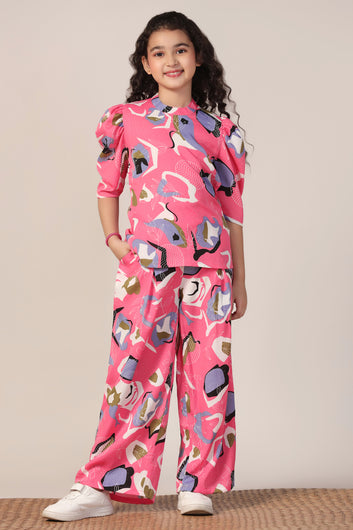 Girl's Pink Reyon abstract Printed Clothing Set for Girls
