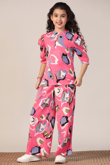 Girl's Pink Reyon abstract Printed Clothing Set for Girls