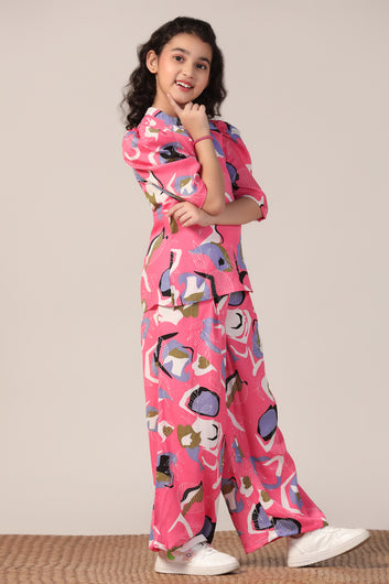 Girl's Pink Reyon abstract Printed Clothing Set for Girls