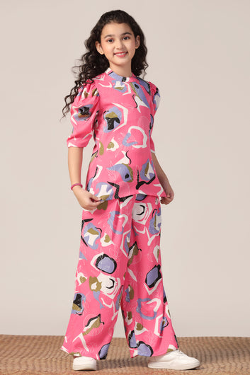 Girl's Pink Reyon abstract Printed Clothing Set for Girls
