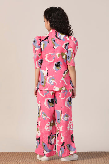 Girl's Pink Reyon abstract Printed Clothing Set for Girls