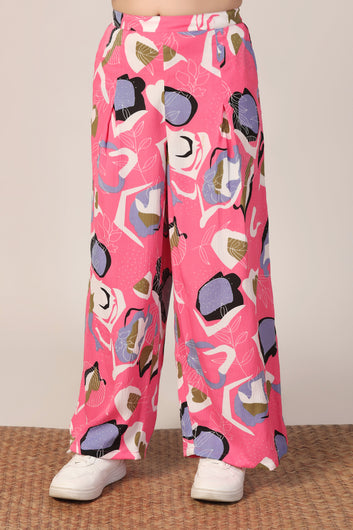 Girl's Pink Reyon abstract Printed Clothing Set for Girls