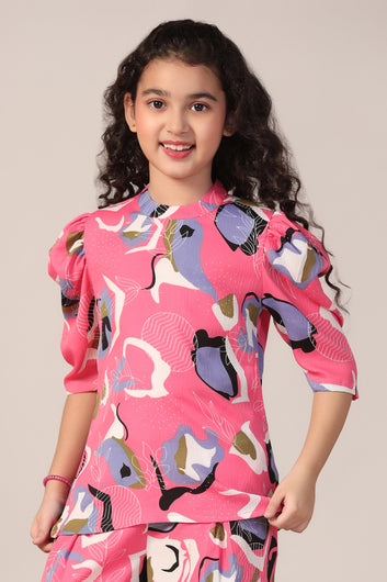 Girl's Pink Reyon abstract Printed Clothing Set for Girls